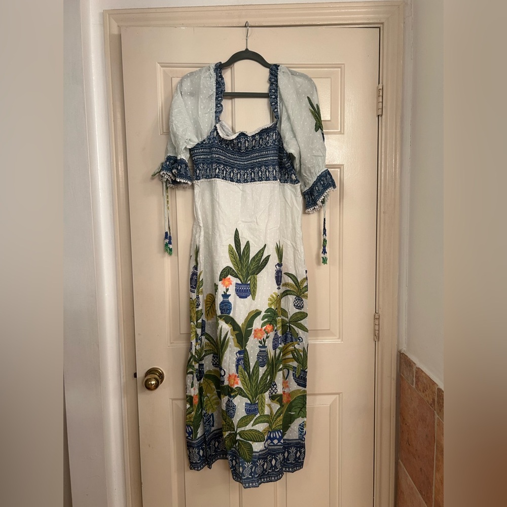 NWT Farm Rio Vase Forest Print Smocked Maxi Dress Tropical Blue Flower Pot XL - Picture 5 of 5